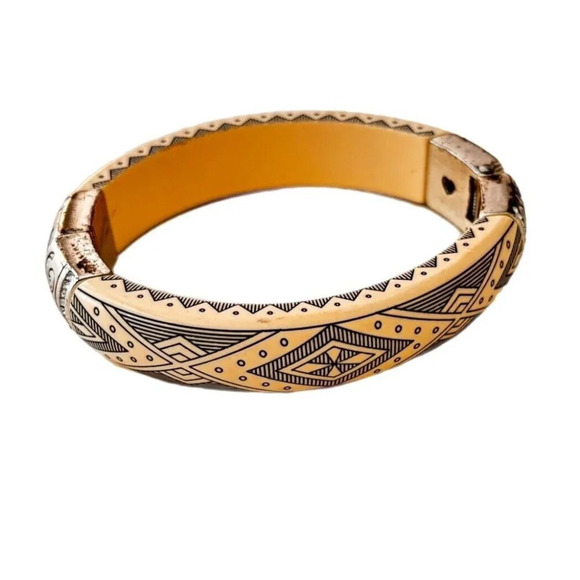 Brighton Vintage Tribal Wood Bangle Bracelet Tan Black Tiki Hinged Opening - Picture 4 of 5